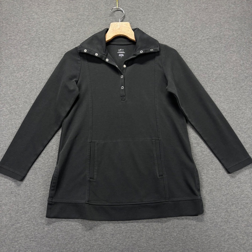 J.Jill Tunic Womens XS Snap-Collared Double-Knit Black Pocket Long Sleeve Casual